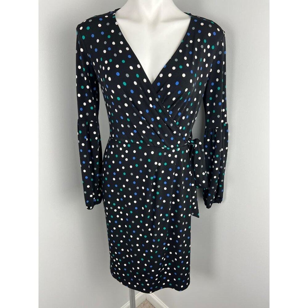 London Times Long Sleeve Polka Dot Faux Wrap Dress Stretch 4